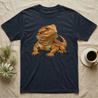 Dark t-shirt with a detailed, vibrant illustration of a bearded dragon.