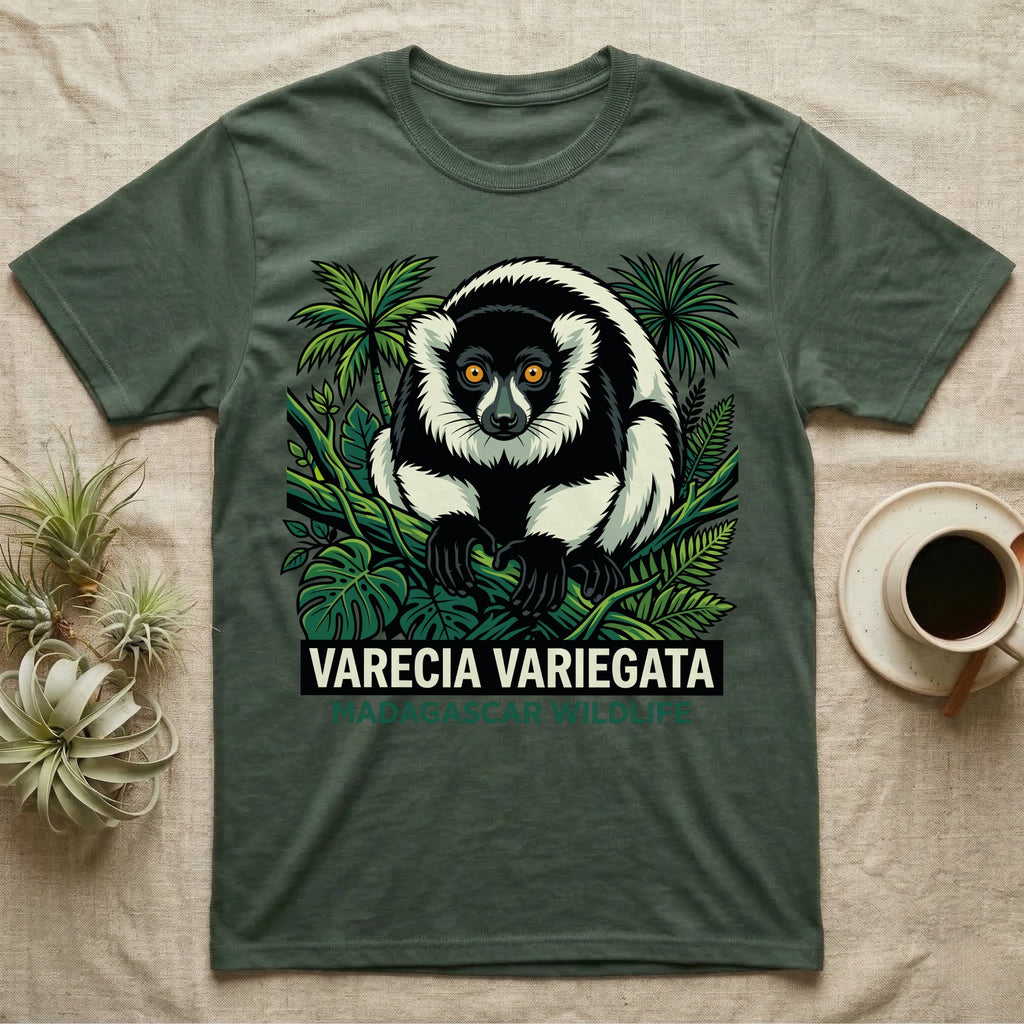 Black and white varecia variegata lemur illustration on a dark green t-shirt.