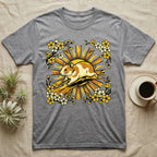 Grey t-shirt with a cartoon hamster surrounded by yellow flowers and sun rays.