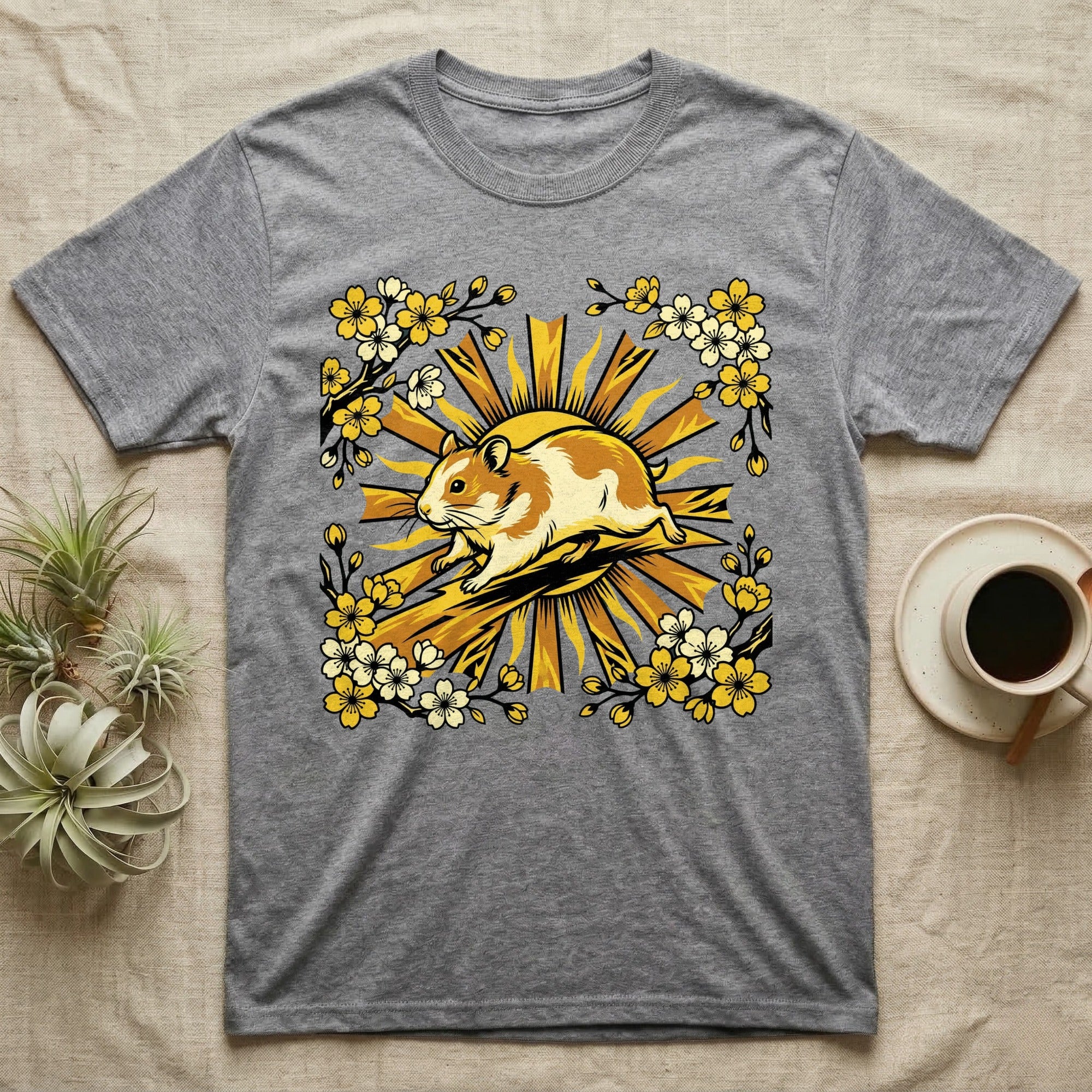 Grey t-shirt with a cartoon hamster surrounded by yellow flowers and sun rays.