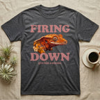 Crested Gecko Firing Down T-Shirt in Dark Heather — Engraved crested gecko in navy ink between the rose words Firing and Down, with give him a minute above.