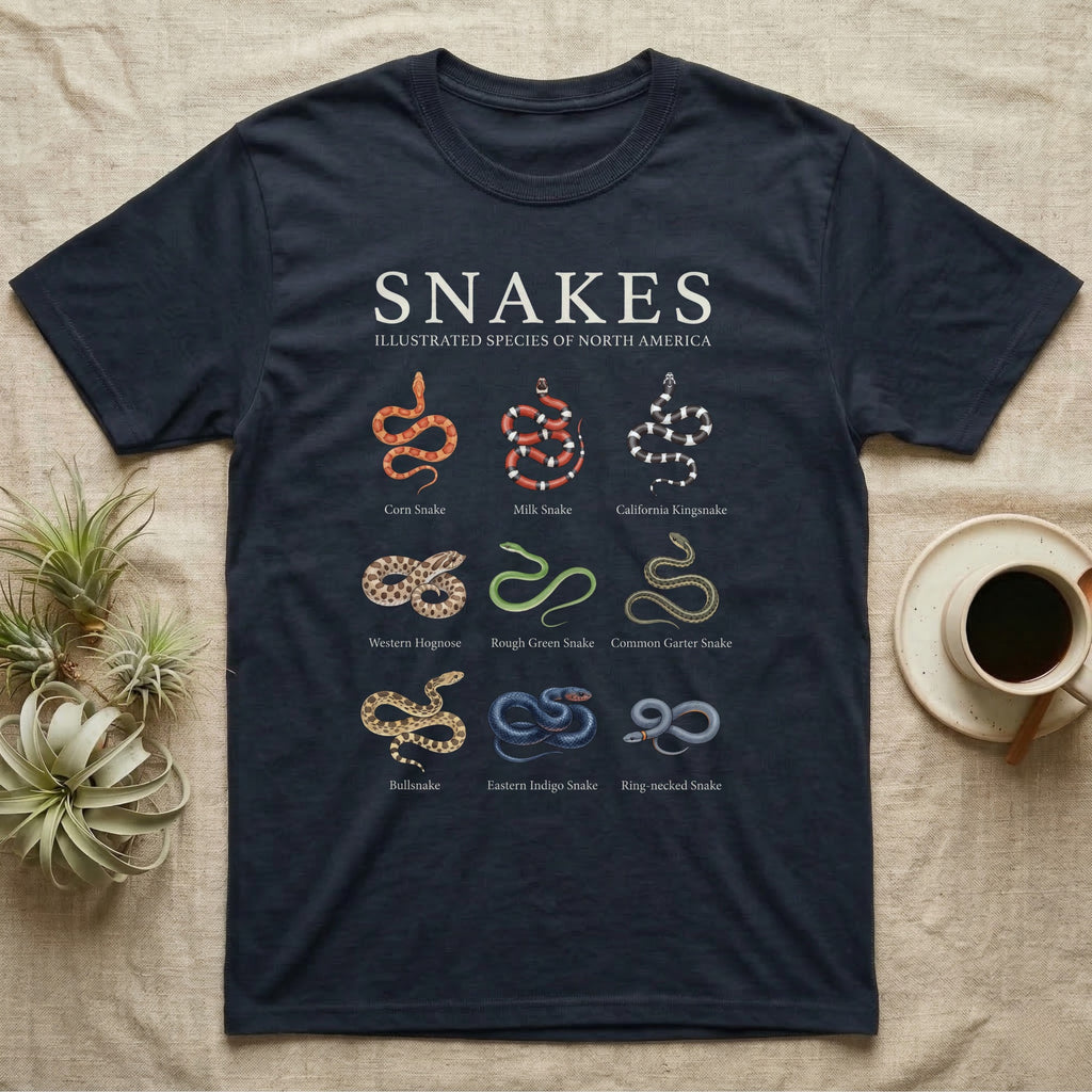 Snake Species Chart T-Shirt in Navy — Watercolour chart of nine named North American snakes under a cream serif Snakes title on charcoal grey