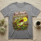 Pacman Frog Lagoon Apocalypse T-Shirt in Sport Grey — B-movie horror poster of a Pacman frog bursting from slime at a fly, "The Pond From the Lagoon, Amphibian Apocalypse."