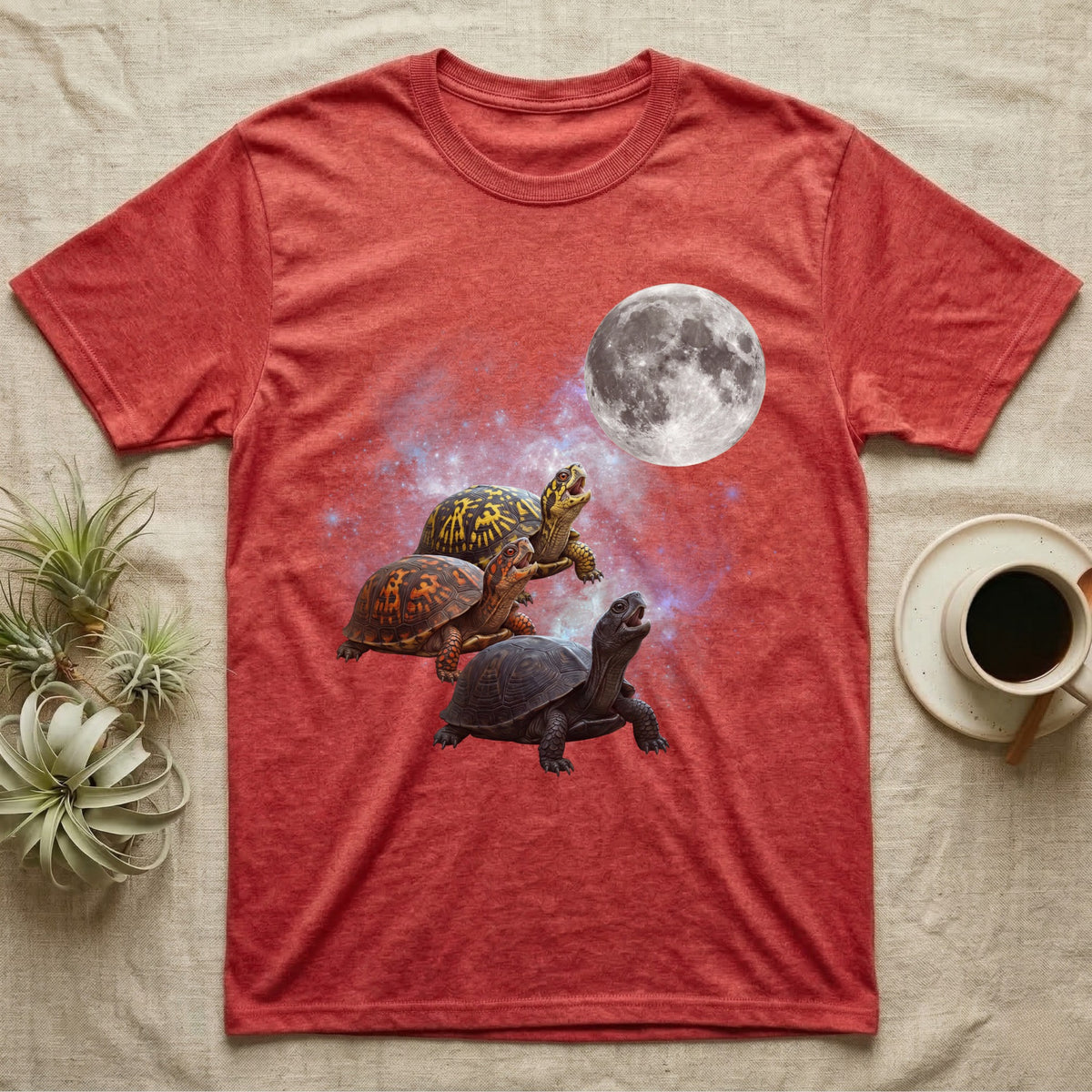 Eastern Box Turtle Moon Howl T-Shirt in Heather Red — Three Eastern Box Turtle colour morphs howling at a full moon over a nebula on a dark grey t-shirt.