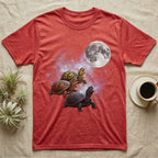 Eastern Box Turtle Moon Howl T-Shirt in Heather Red — Three Eastern Box Turtle colour morphs howling at a full moon over a nebula on a dark grey t-shirt.