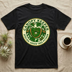 Black t-shirt with a green tree python graphic and "Canopy Keeper" text.