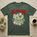 Red-Eyed Tree Frog Feral T-Shirt in Military Green — Red-eyed tree frog on a leaf in a pastel jungle scene under a spiky red metal wordmark reading FULL-TIME POSER.