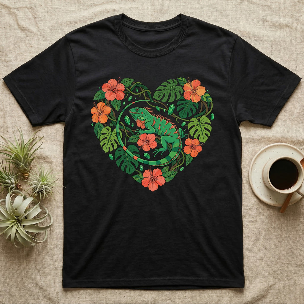 Black t-shirt featuring a green iguana surrounded by tropical leaves and red hibiscus flowers.