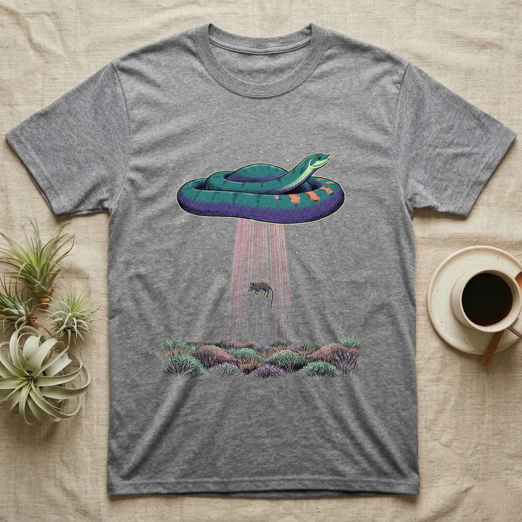 Hognose Night Scene T-Shirt in Sport Grey — A western hognose snake outlined in pale light above a stippled grass band and starfield, a fine beam falling below it.