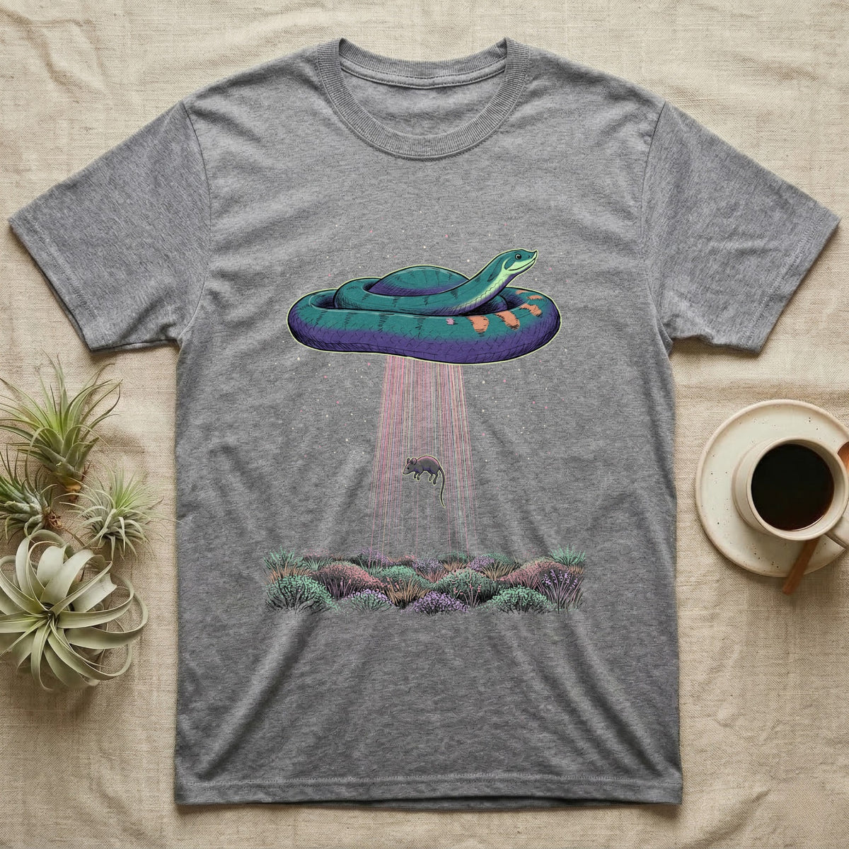 Hognose Night Scene T-Shirt in Sport Grey — A western hognose snake outlined in pale light above a stippled grass band and starfield, a fine beam falling below it.