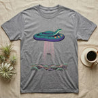 Hognose Night Scene T-Shirt in Sport Grey — A western hognose snake outlined in pale light above a stippled grass band and starfield, a fine beam falling below it.