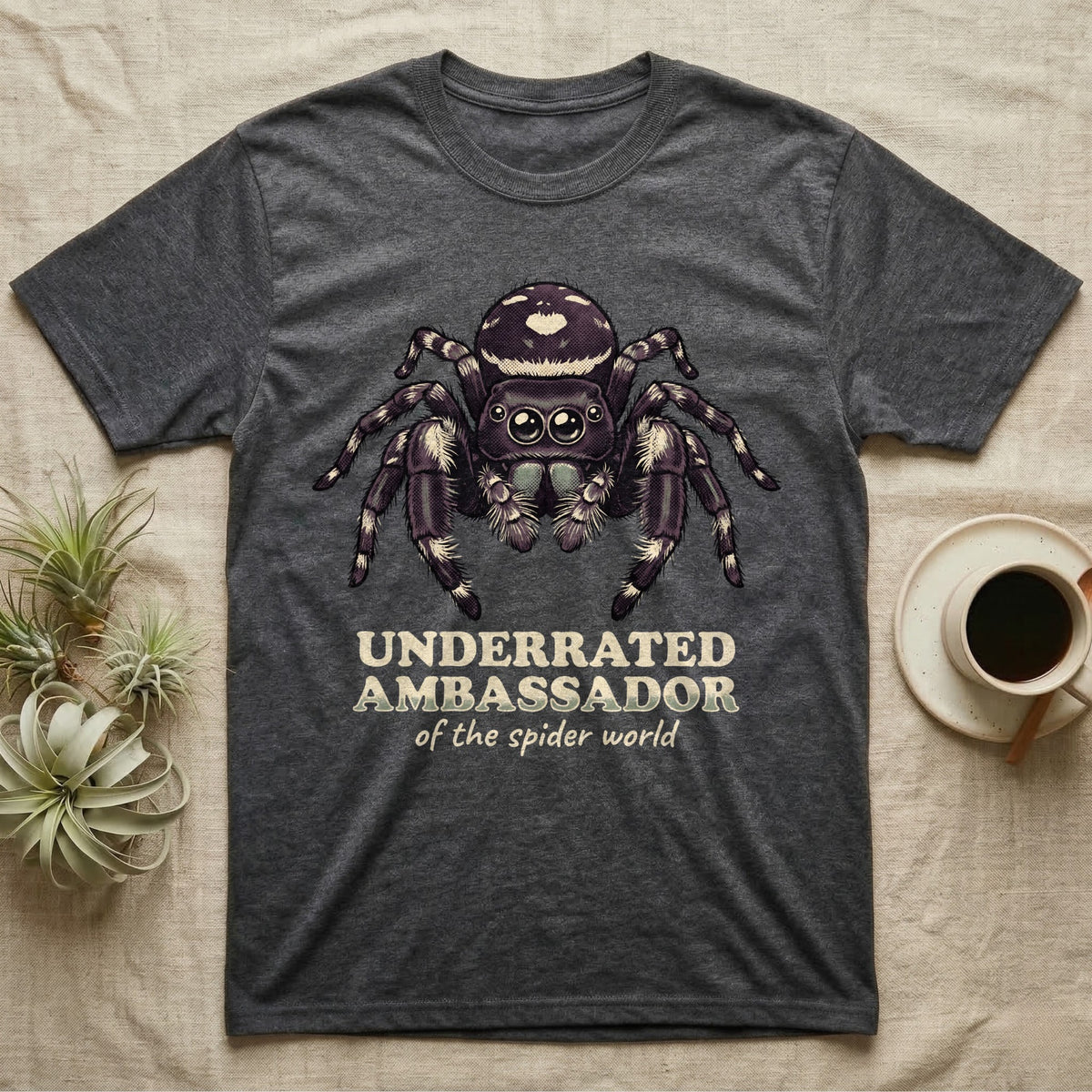 Underrated Ambassador Spider T-Shirt in Dark Heather — Soft creepy-cute portrait of a big-eyed jumping spider with hand-lettered text reading Underrated Ambassador of the Spider World.