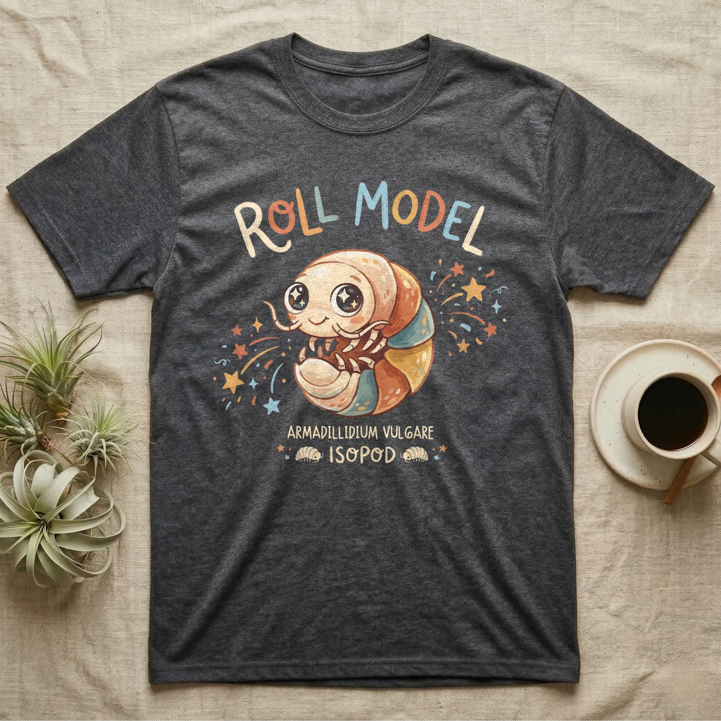 Roly Poly Isopod Roll Model T-Shirt in Dark Heather — Storybook roly poly curled into a roll with starry eyes and confetti under hand-lettered "Roll Model".