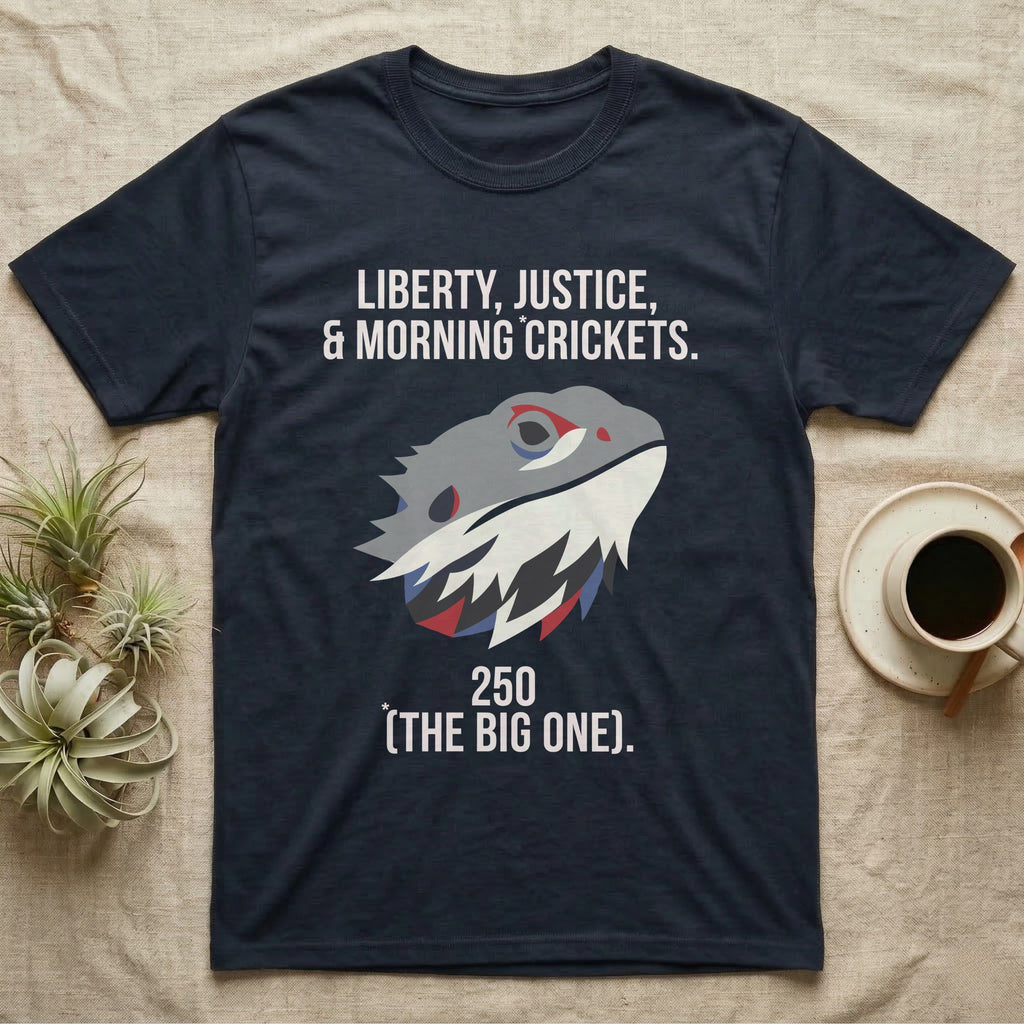 Bearded Dragon Low Poly T-Shirt in Navy — Low-poly faceted bearded dragon head in muted tones with text Liberty, Justice and Morning Crickets, 250 The Big One.