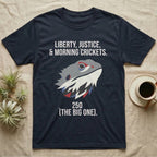 Bearded Dragon Low Poly T-Shirt in Navy — Low-poly faceted bearded dragon head in muted tones with text Liberty, Justice and Morning Crickets, 250 The Big One.