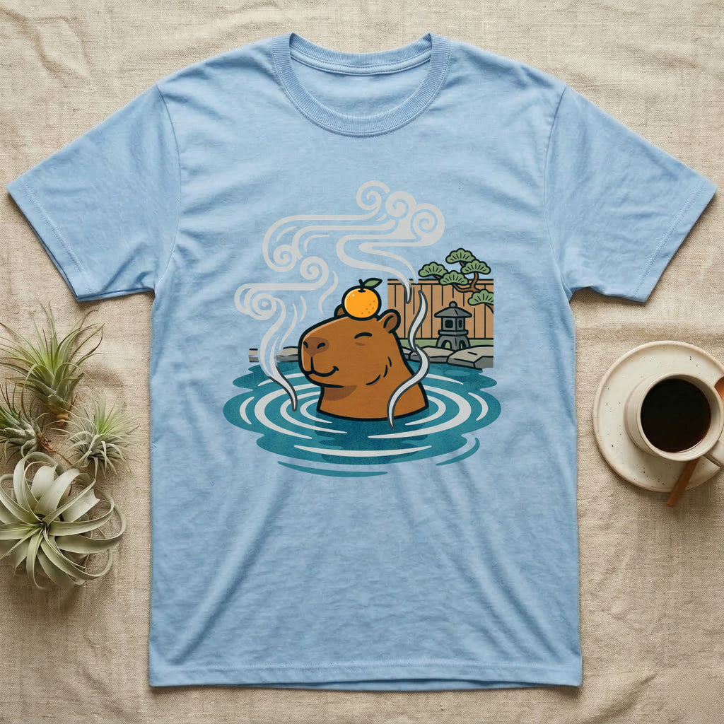 Capybara with orange on head in a steaming hot spring with traditional Japanese elements.