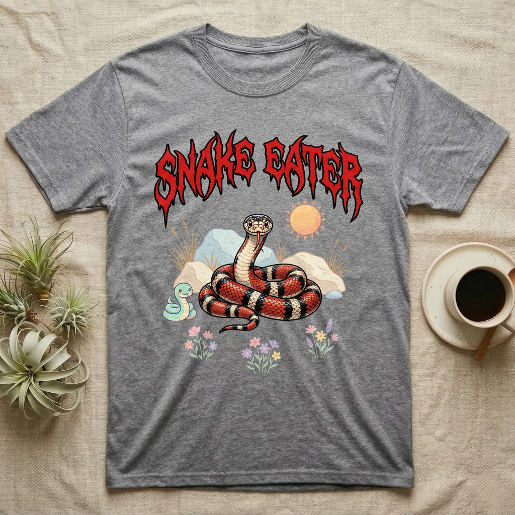 California Kingsnake Feral T-Shirt in Sport Grey — Banded California kingsnake coiled with a tiny companion snake under a jagged blood-red metal wordmark and pastel scene.