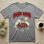 California Kingsnake Feral T-Shirt in Sport Grey — Banded California kingsnake coiled with a tiny companion snake under a jagged blood-red metal wordmark and pastel scene.