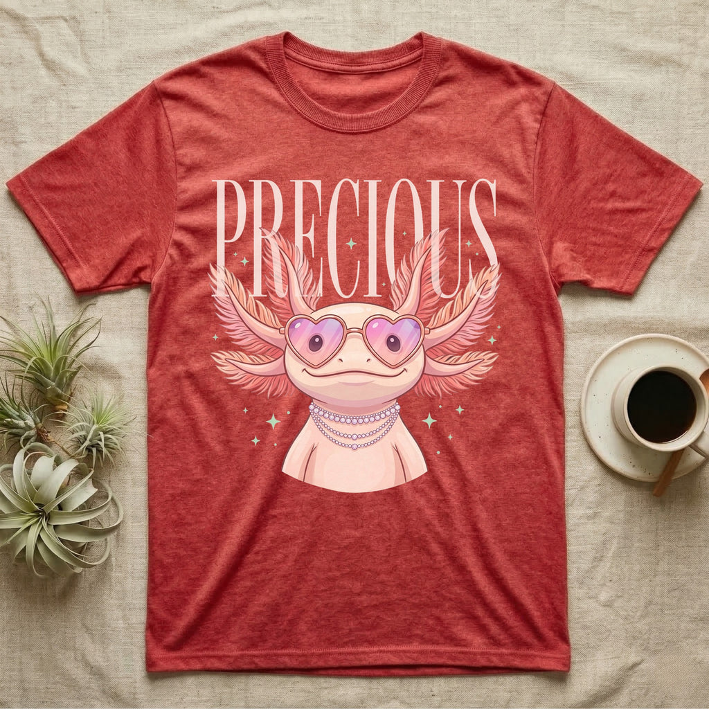 Red t-shirt with cartoon axolotl wearing heart sunglasses and a pearl necklace.