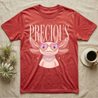 Red t-shirt with cartoon axolotl wearing heart sunglasses and a pearl necklace.
