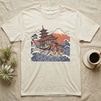 Cream t-shirt with Japanese temple, Mount Fuji, and a large crab in waves.