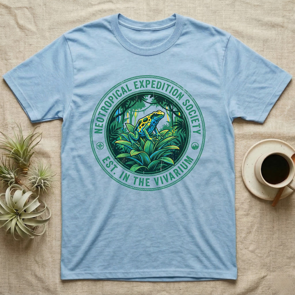Light blue t-shirt with Neotropical Expedition Society frog design.