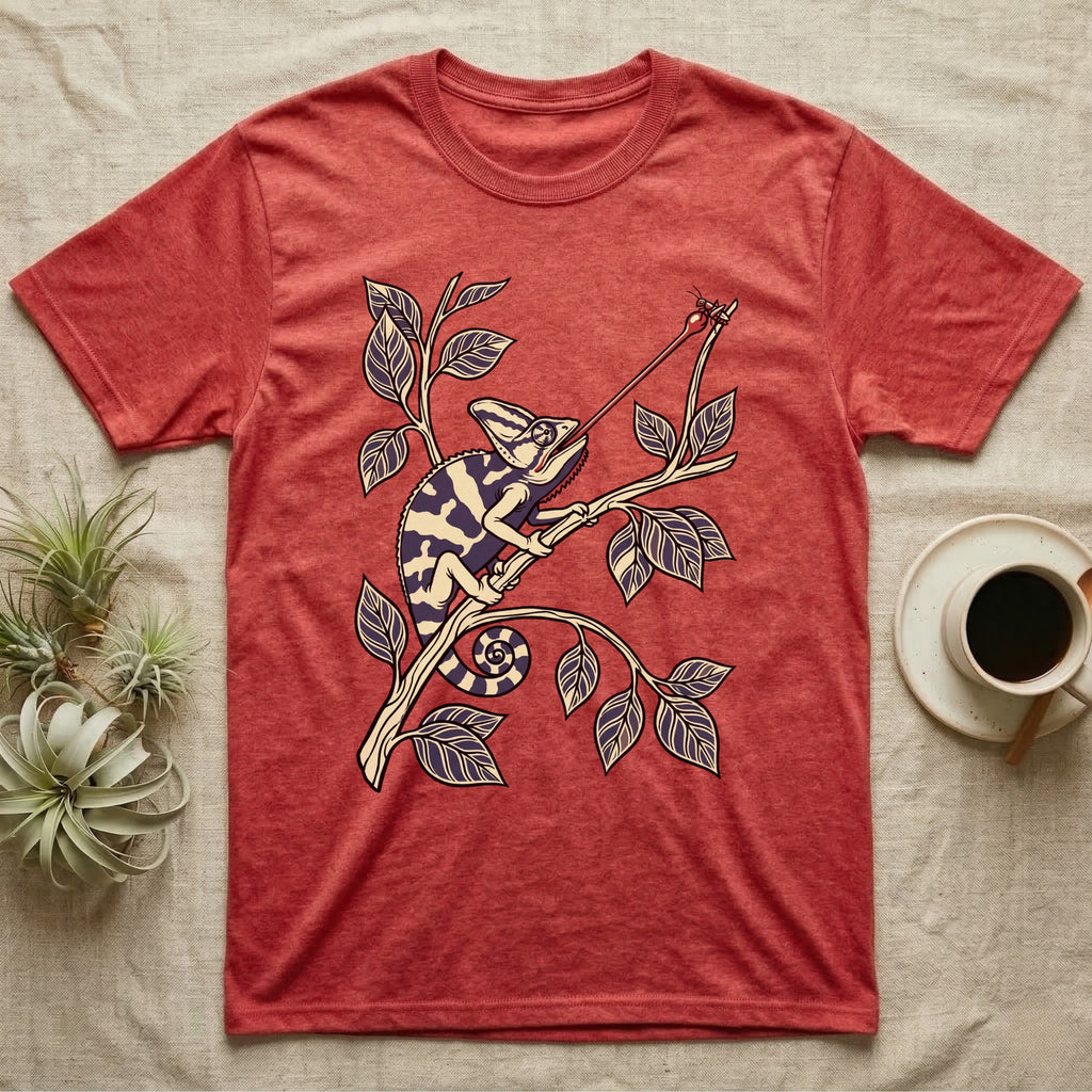 Veiled Chameleon The Strike T-Shirt in Heather Red — Ukiyo-e style woodblock illustration of a veiled chameleon mid-tongue-strike among foliage.