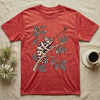 Veiled Chameleon The Strike T-Shirt in Heather Red — Ukiyo-e style woodblock illustration of a veiled chameleon mid-tongue-strike among foliage.
