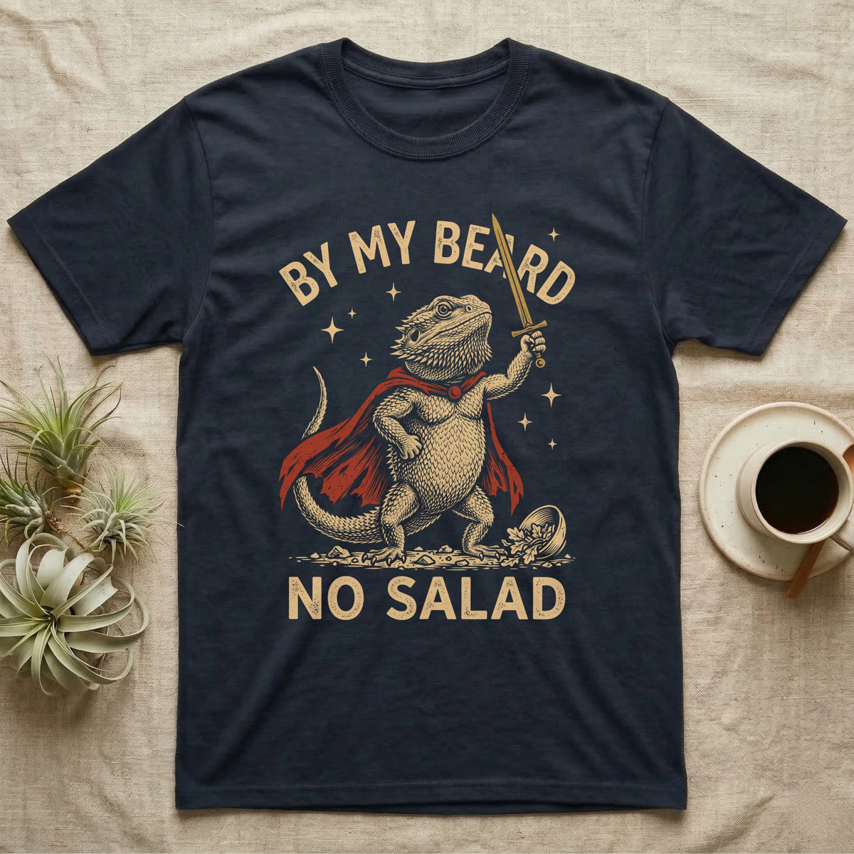 Bearded Dragon Knight T-Shirt in Navy — Scratchboard bearded dragon knight with red cape and gold sword by a tipped salad bowl, lettered BY MY BEARD NO SALAD