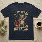 Bearded Dragon Knight T-Shirt in Navy — Scratchboard bearded dragon knight with red cape and gold sword by a tipped salad bowl, lettered BY MY BEARD NO SALAD