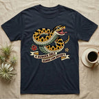 Hognose Hunger Flash T-Shirt in Navy — American-traditional tattoo-flash illustration of a hognose snake in a heroic coil with a banner reading the feeding-hunger line.