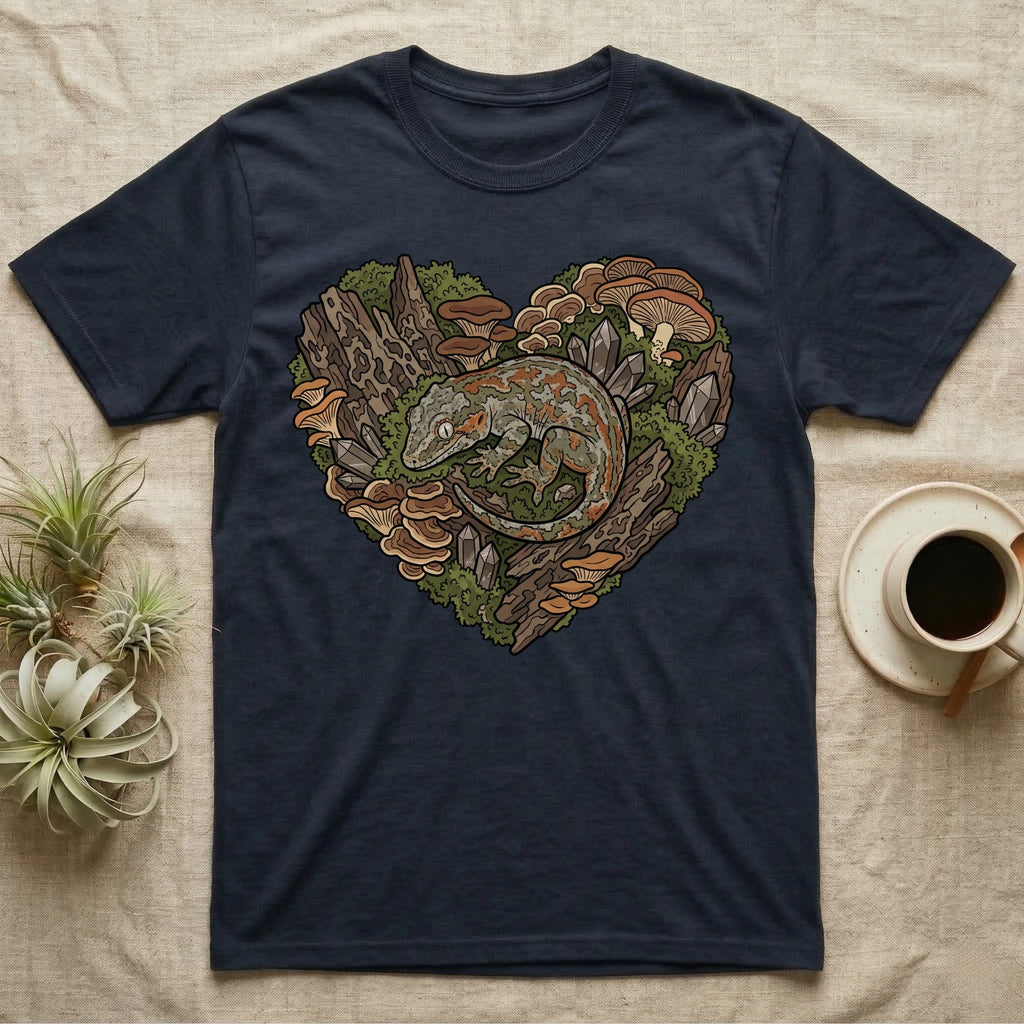 Navy t-shirt featuring a gecko nestled in moss, mushrooms, and crystals forming a heart.