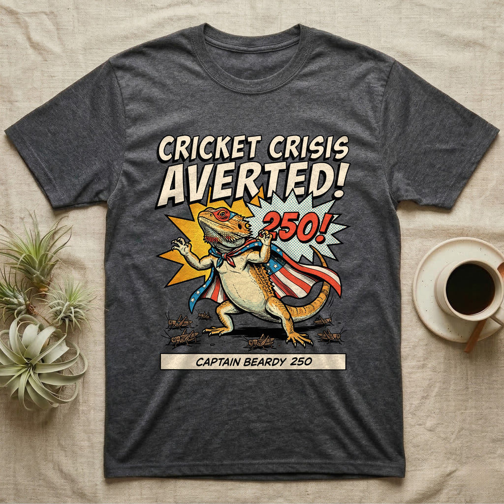 Bearded Dragon Superhero T-Shirt in Dark Heather — Retro comic bearded dragon superhero in a flag cape with a 250 blast and text Cricket Crisis Averted, Captain Beardy.