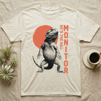 Bearded Dragon Hall Monitor T-Shirt in Natural — Coarse halftone illustration of a bearded dragon mid-stride, a distressed vermilion disc behind and HALL MONITOR alongside.