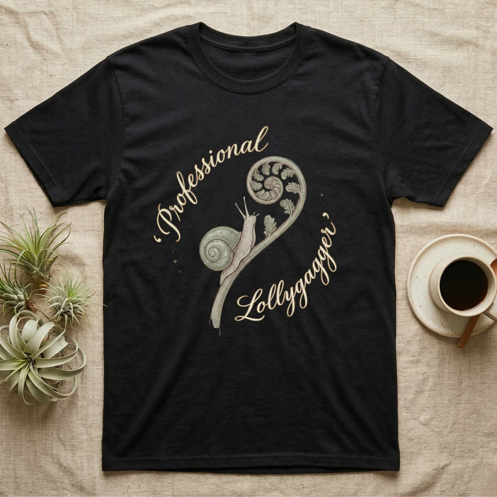 Black t-shirt with "Professional Lollygagger" text and a snail on a fern frond.