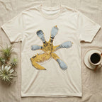Macro illustration of a gecko's forefoot from underneath, ribbed blue-grey lamellae toe pads fanned against amber-gold scale texture, no on-shirt text. — shown on a Natural tee.
