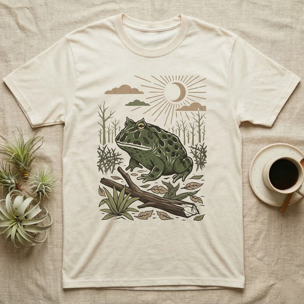 Pacman Frog Home Range T-Shirt in Natural — Woodcut-style illustration of a pacman frog sitting on the Chaco forest floor among fallen branches and thorn scrub, no on-shirt text.