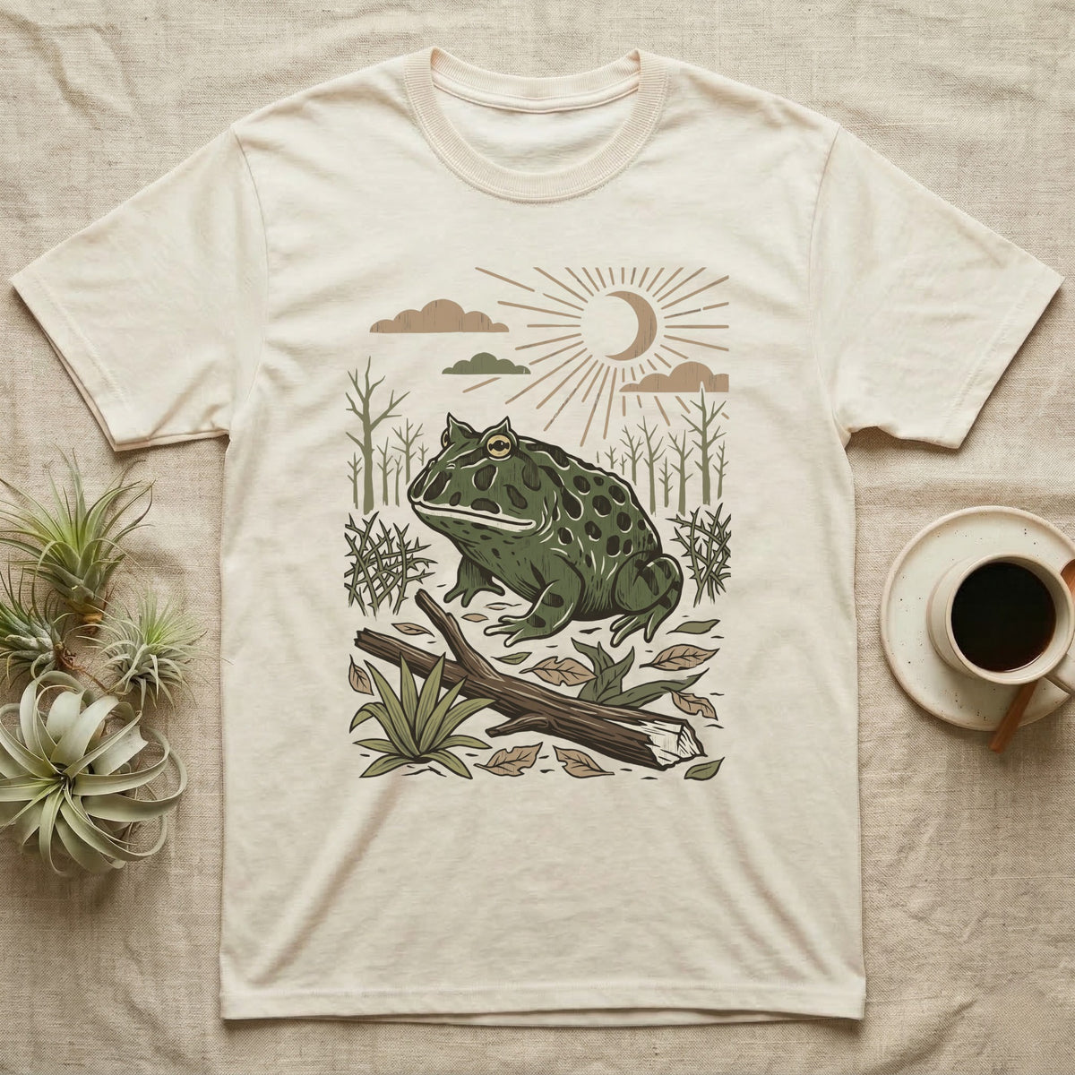 Pacman Frog Home Range T-Shirt in Natural — Woodcut-style illustration of a pacman frog sitting on the Chaco forest floor among fallen branches and thorn scrub, no on-shirt text.