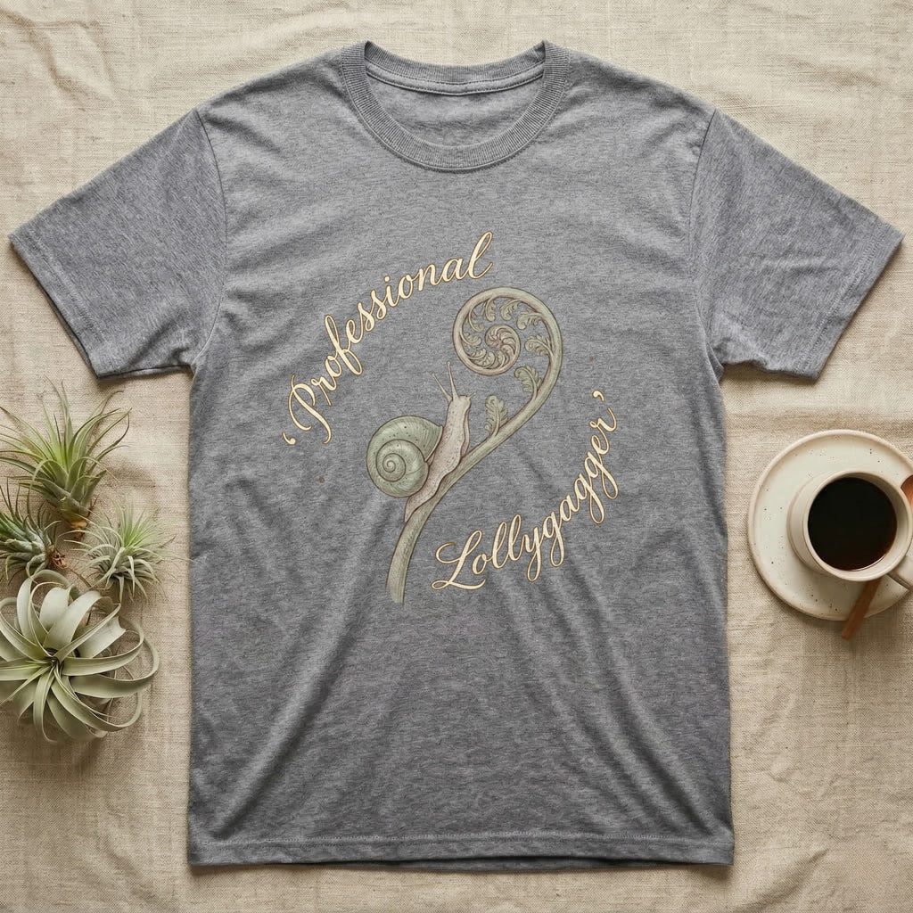Grey t-shirt with a snail and fern design and "Professional Lollygagger" text.