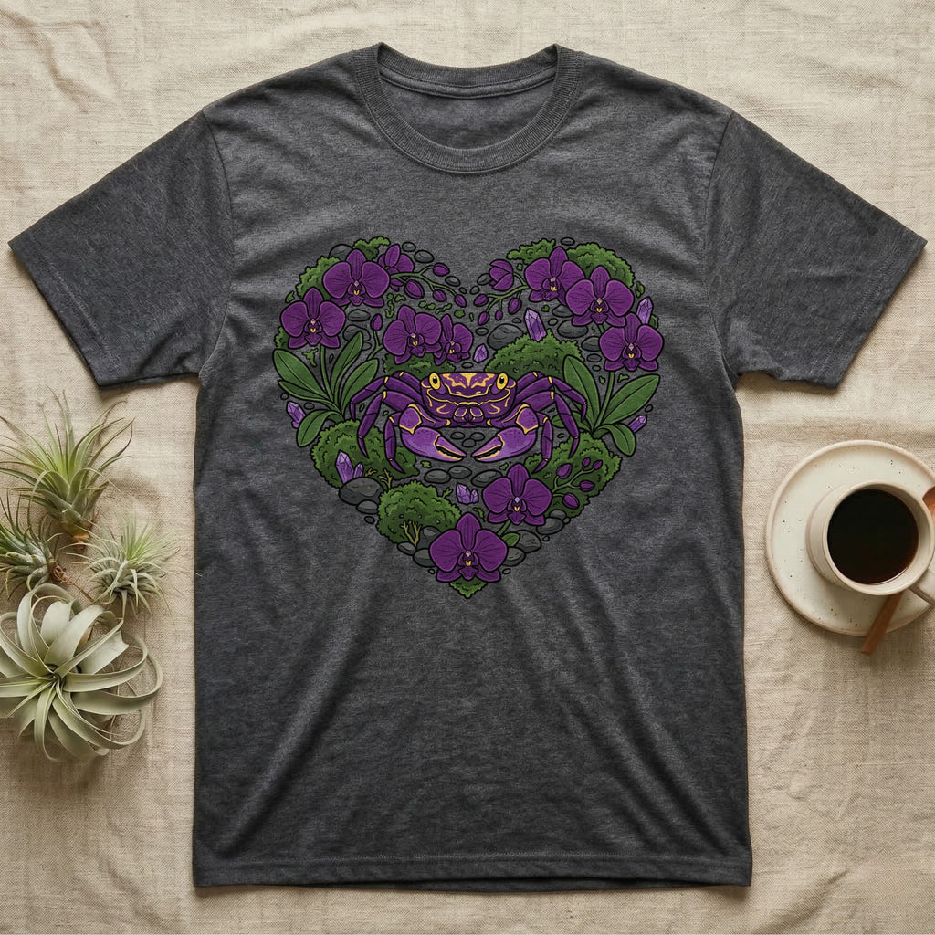 Dark grey t-shirt with a heart design of purple orchids, green leaves, and a purple crab.