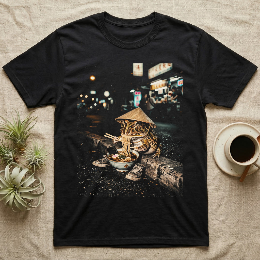 Frog wearing a conical hat eats ramen with chopsticks by a city street at night.