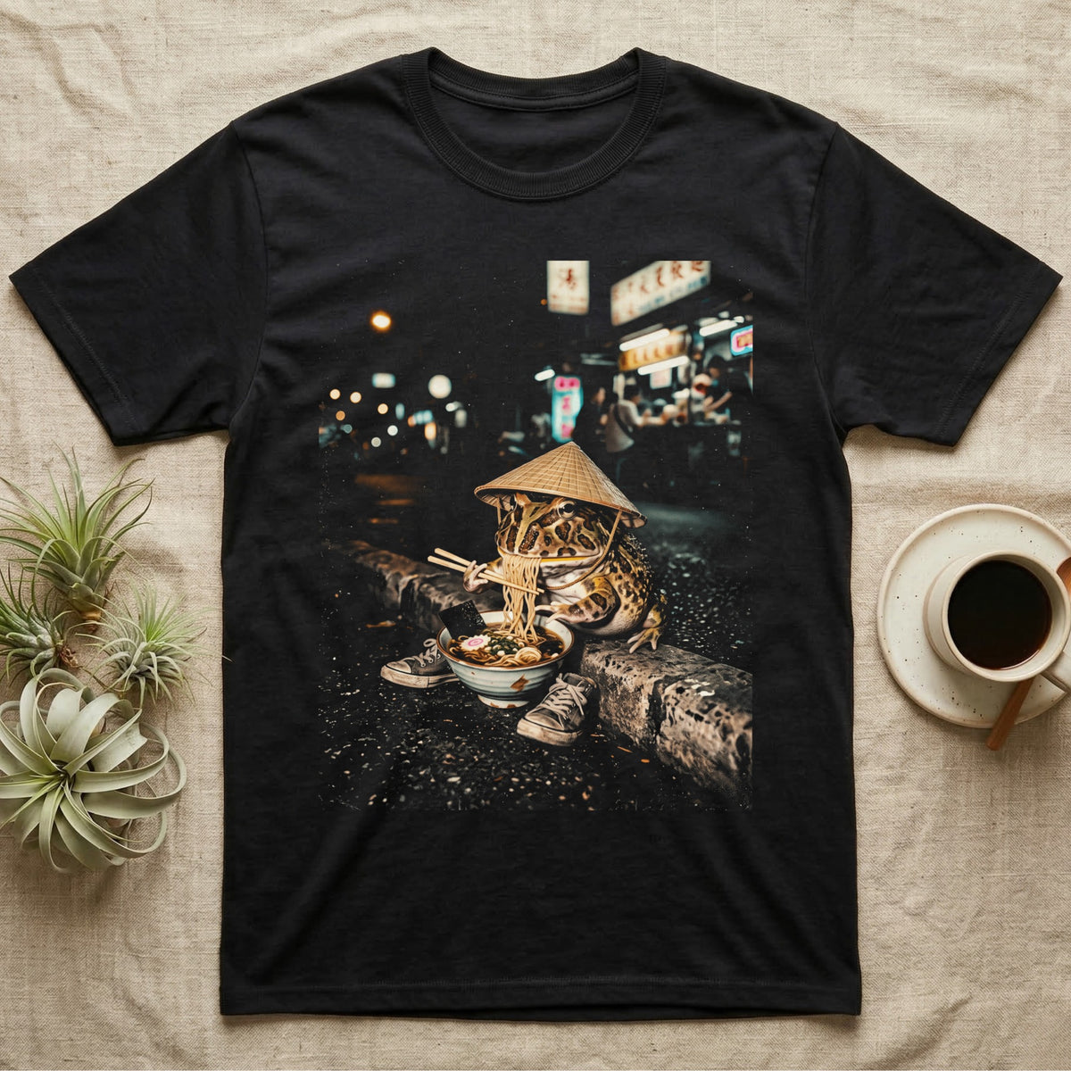 Frog wearing a conical hat eats ramen with chopsticks by a city street at night.