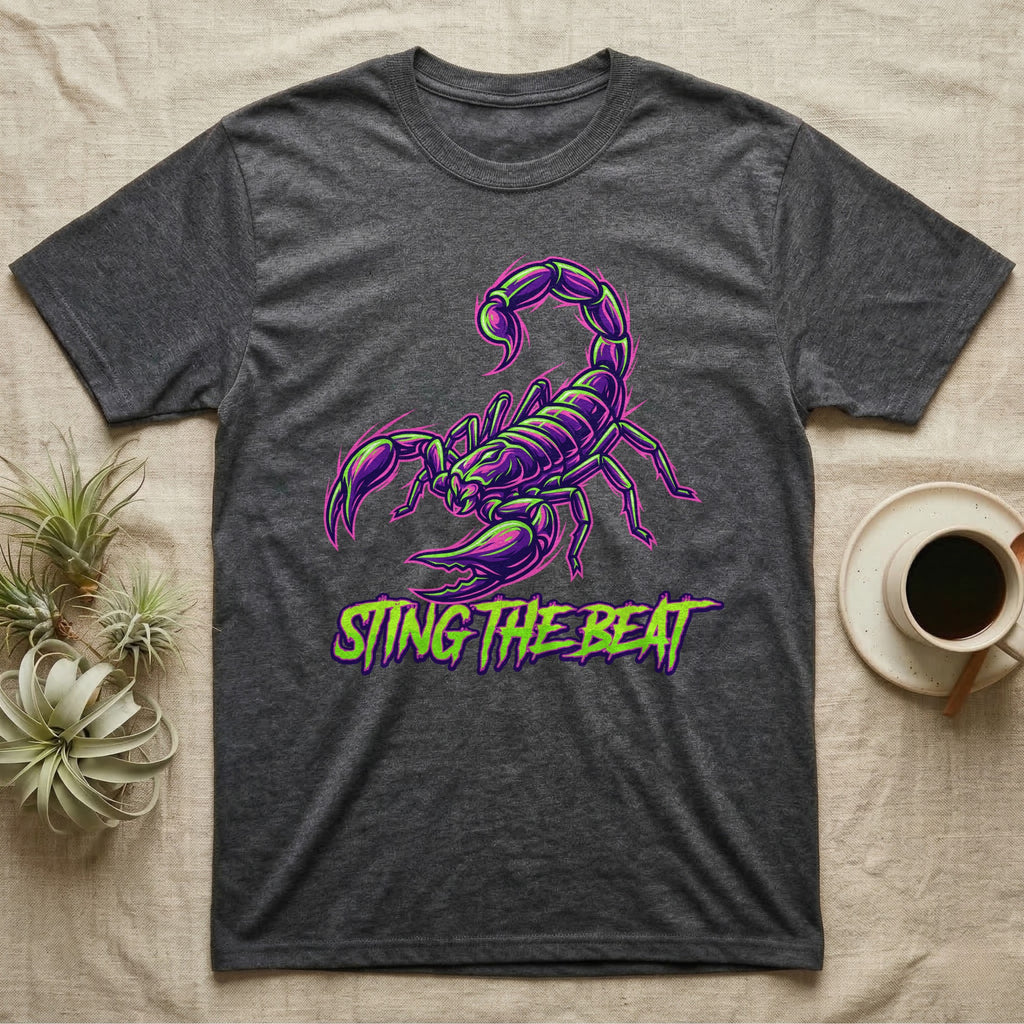 Dark grey t-shirt with a neon scorpion graphic and "STING THE BEAT" text.