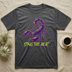 Dark grey t-shirt with a neon scorpion graphic and "STING THE BEAT" text.