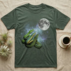 Green Tree Python Moon Howl T-Shirt in Military Green — Three Green Tree Python colour morphs howling at a full moon over a nebula on a dark grey t-shirt.