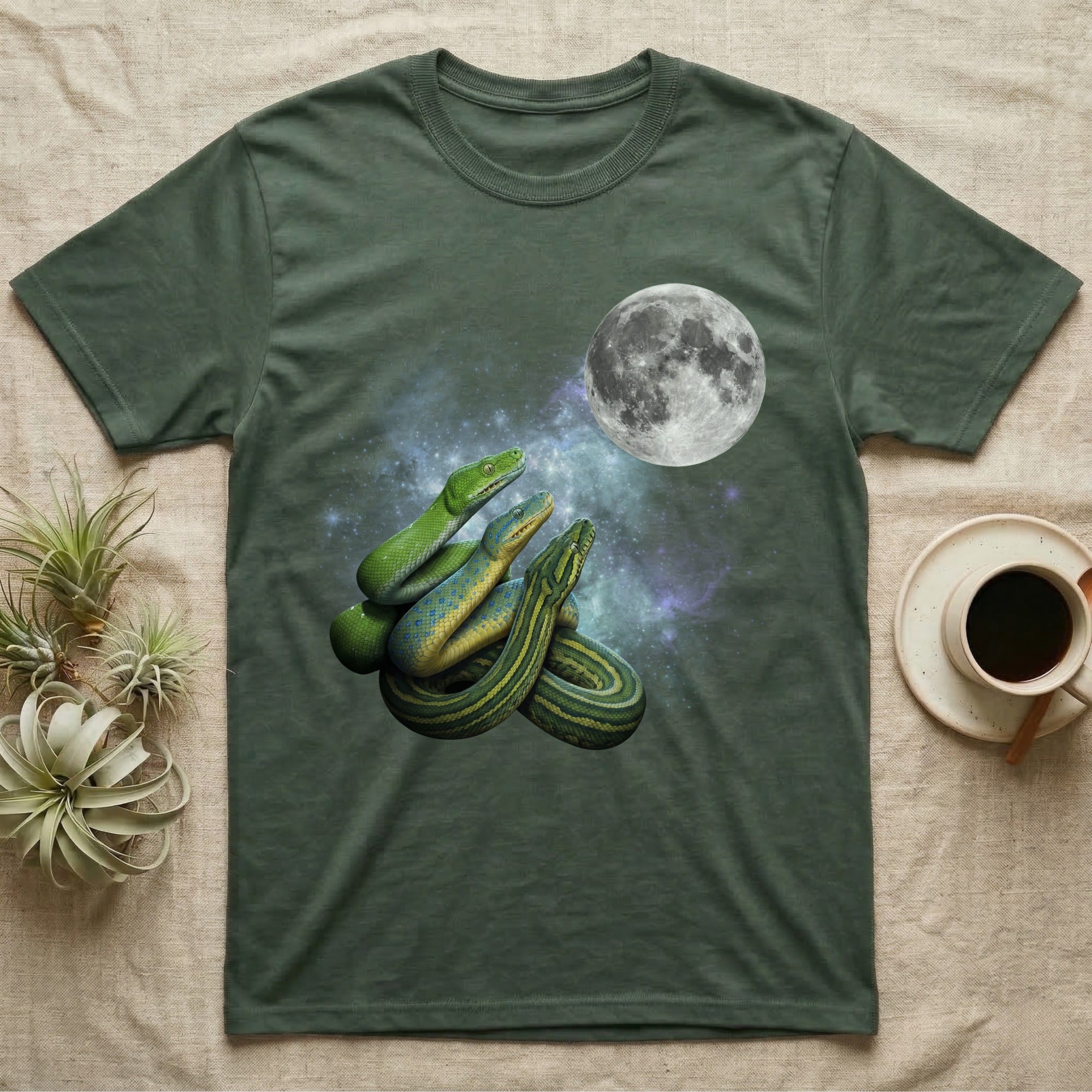 Green Tree Python Moon Howl T-Shirt in Military Green — Three Green Tree Python colour morphs howling at a full moon over a nebula on a dark grey t-shirt.