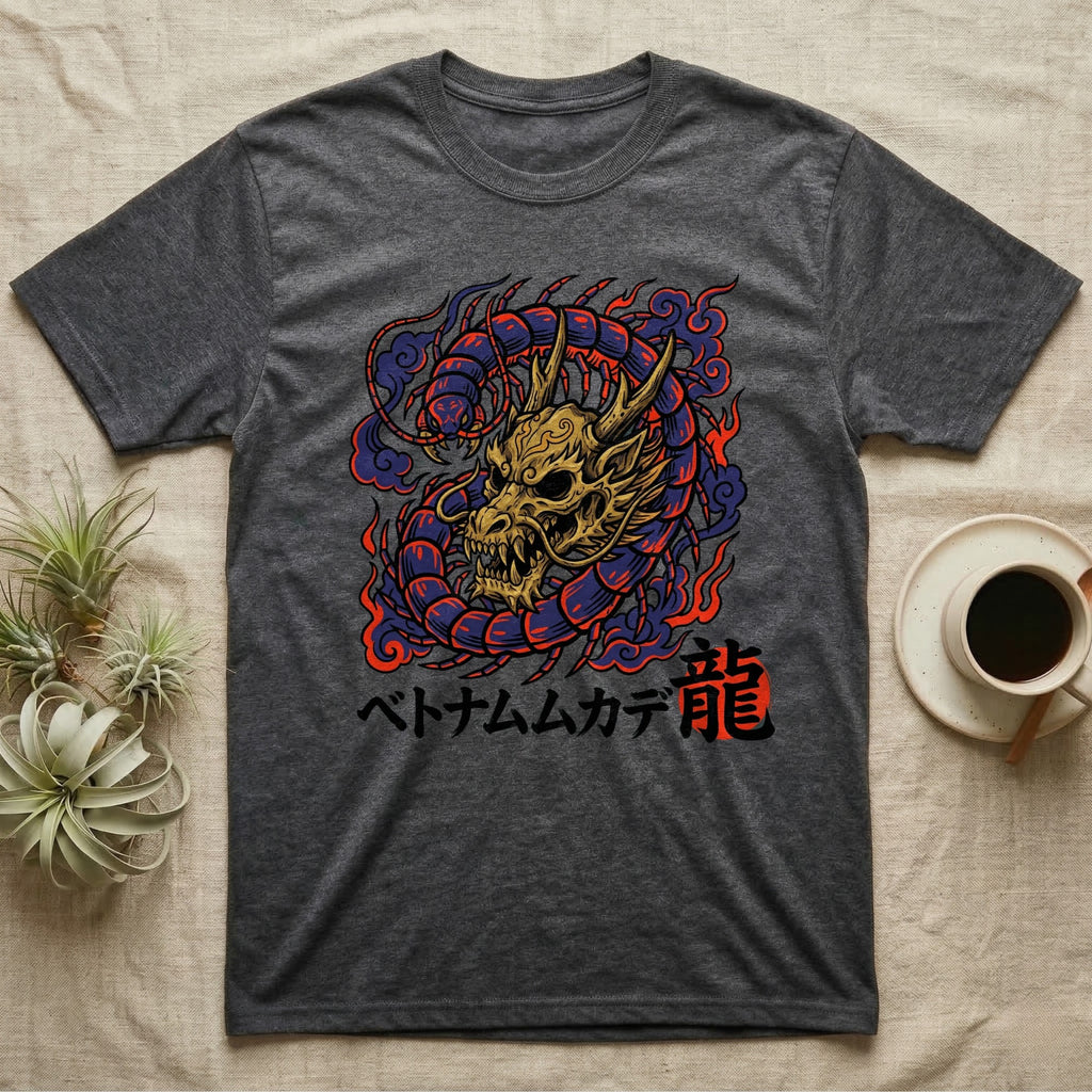 Dark gray t-shirt with a colorful dragon design and Japanese text.