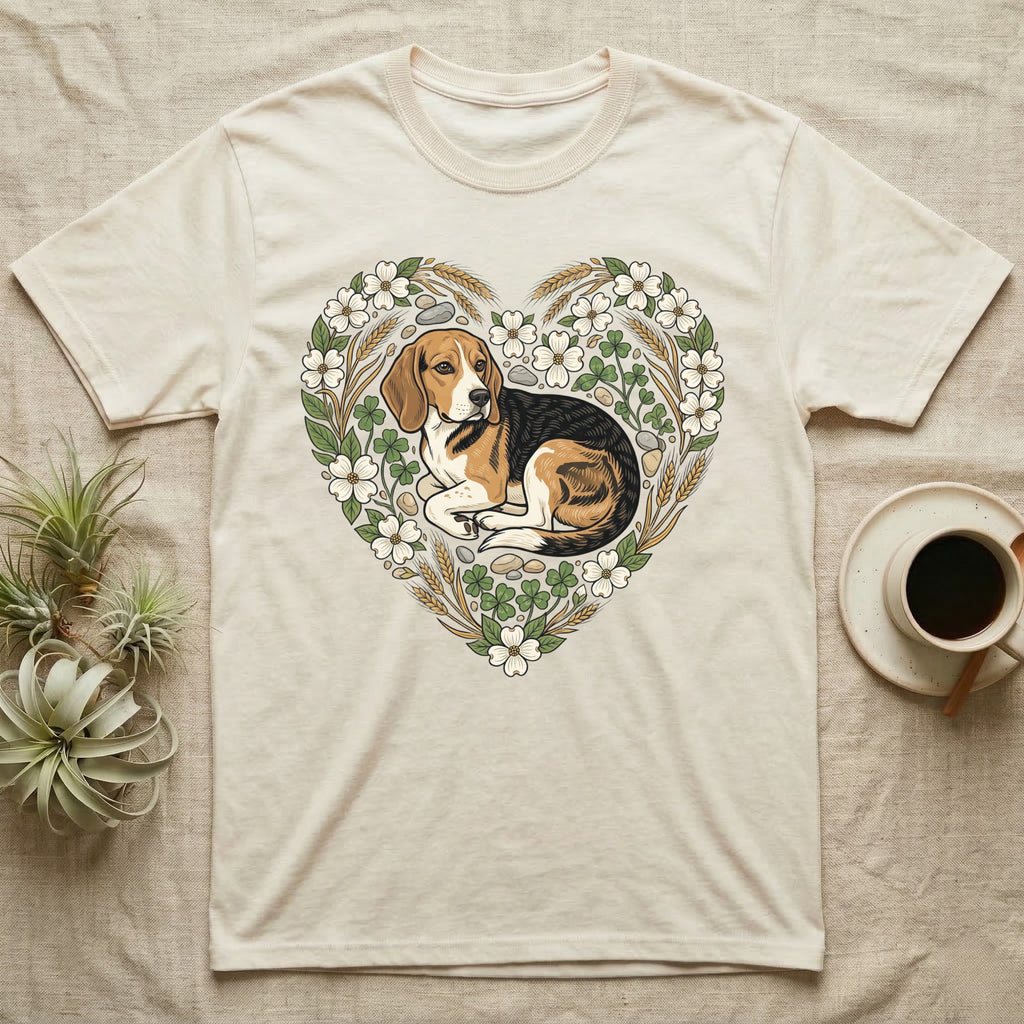 Beagle dog within a heart-shaped floral and wheat wreath on a cream t-shirt.