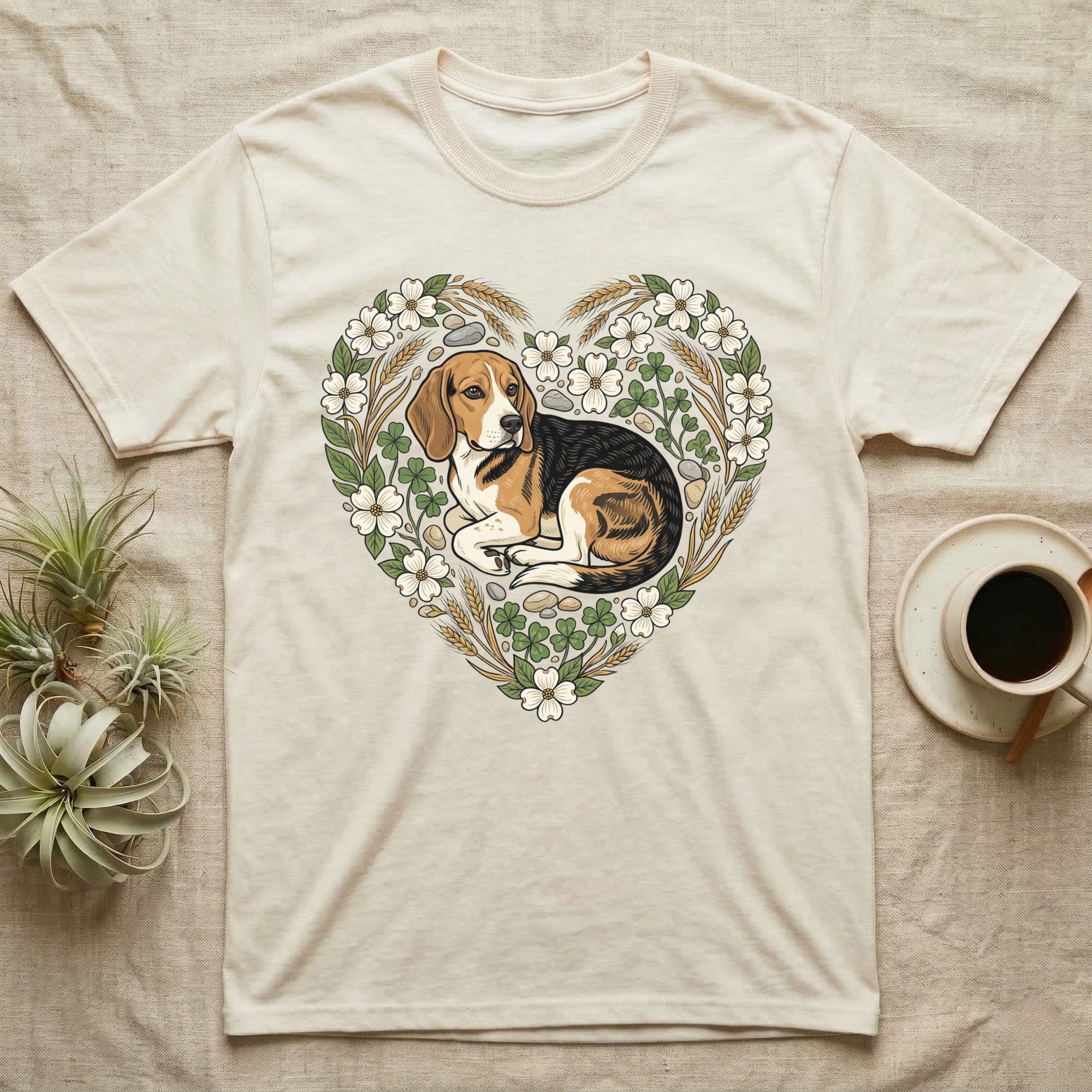 Beagle dog within a heart-shaped floral and wheat wreath on a cream t-shirt.
