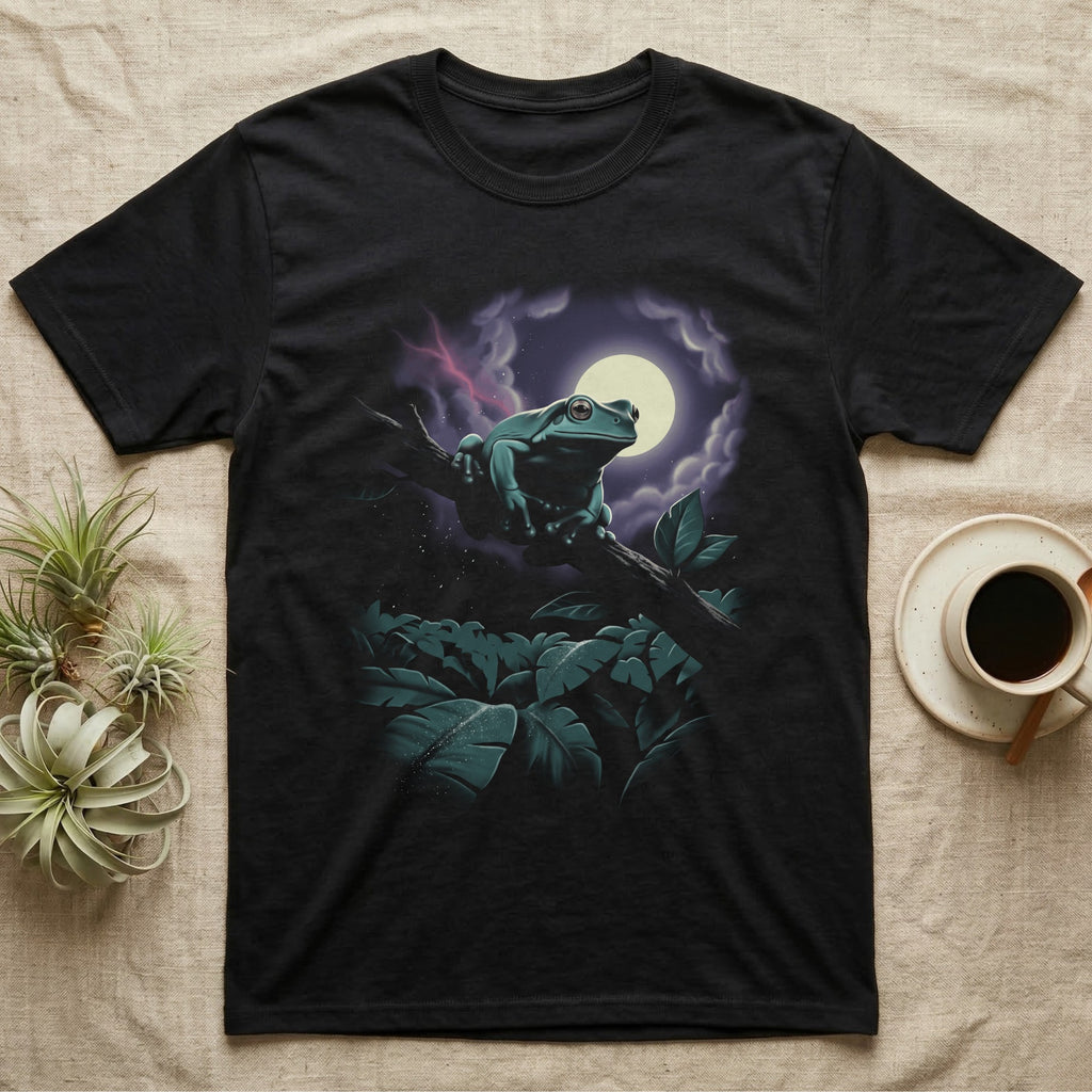 White's Tree Frog Moonlit T-Shirt in Black — Airbrushed night scene of a White's tree frog leaping up through moonlit canopy leaves toward a full moon.